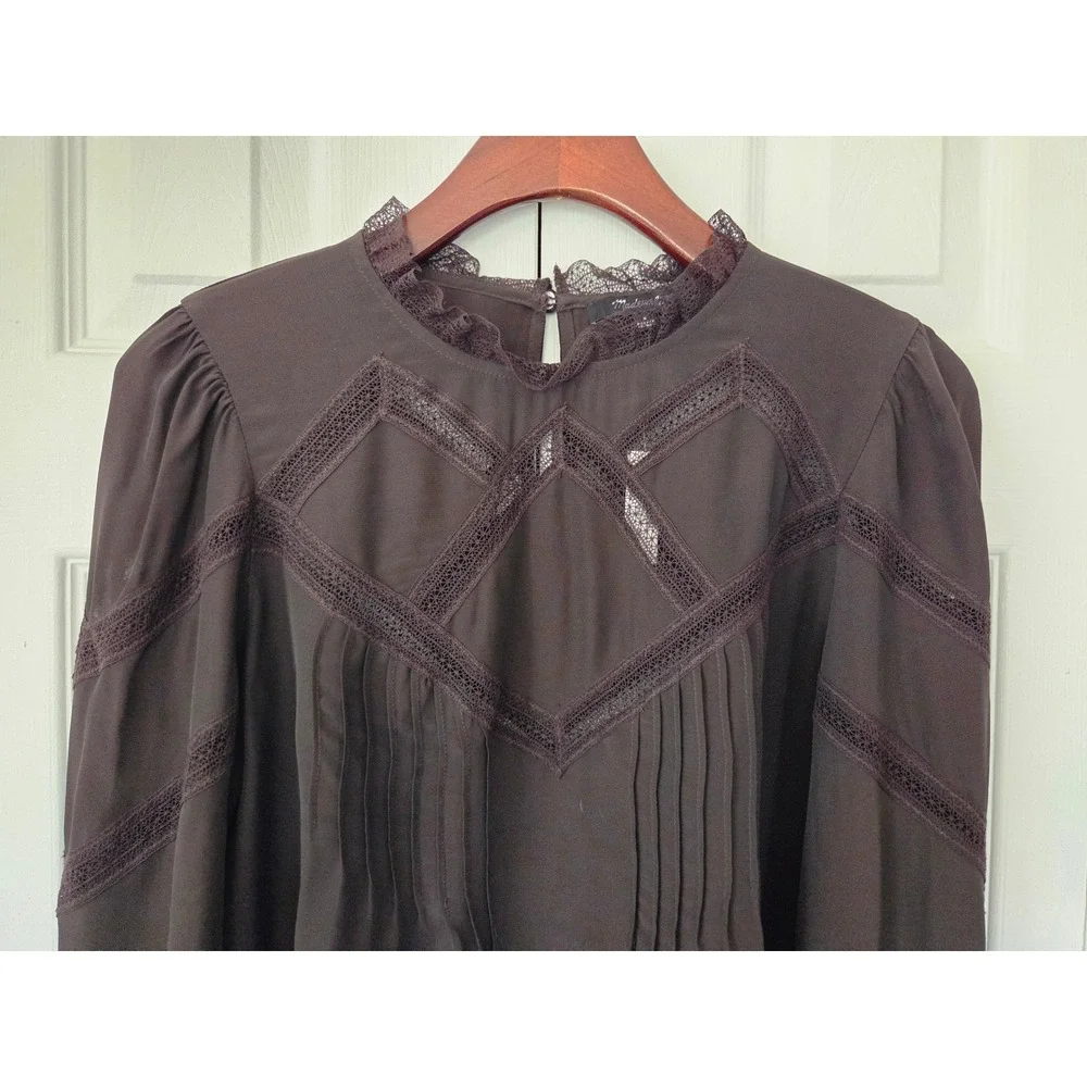 Madewell Lace Inset Mockneck Blouse Lace-Trim Women Small Brown NWT $128 NY351 - Picture 2 of 6